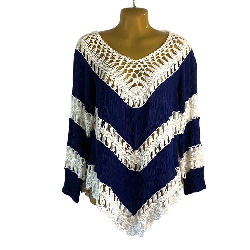 Vtg crochet knit open weave long sleeve sweater top navy cream stripe Vneck S